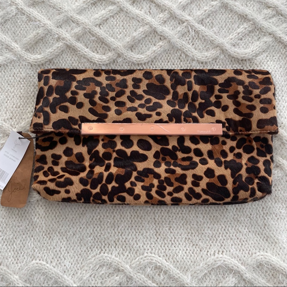 NWT Joie Helena Calf Hair Leopard-Print Foldover Clutch Handbag